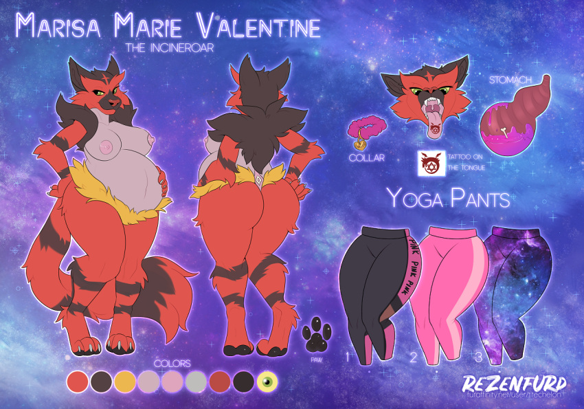 2020 ass breasts collar digestion feline female front_view galaxy goo homunculus incineroar leggings marisa_marie_valentine_(ubgoodragoo) maw mawshot nipples open_mouth paw pokemon rear_view reference_sheet rezenfurd tattoo tongue_out vore yoga_pants