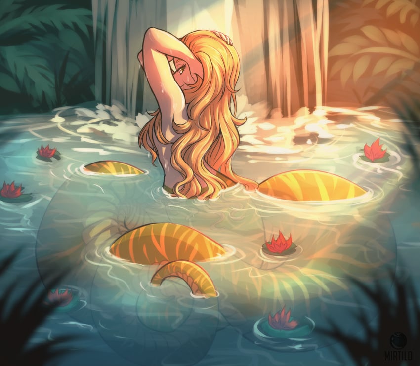 1girls absurdres arms_up artist_logo artist_name back bathing blonde_hair breasts curly_hair female from_behind hair_censor highres lamia lily_pad long_hair looking_at_viewer looking_back medium_breasts mirtilo monster_girl naga nature nude original partially_submerged pond smile snake_girl solo water waterfall yellow_eyes