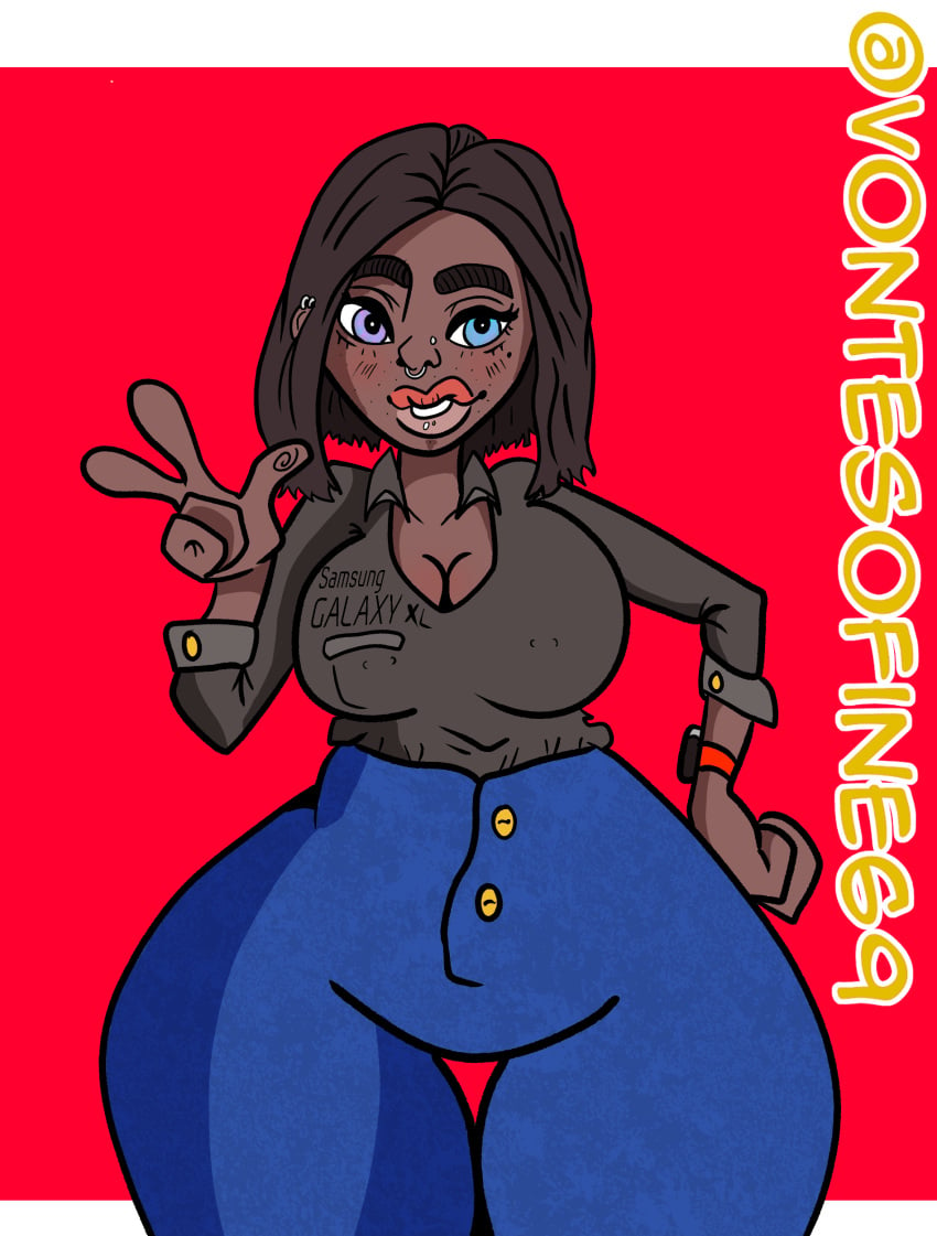 big_breasts blue_eyes bob_cut brown_hair dark-skinned_female dark_skin ear_piercing freckles medium_hair samsung samsung_sam thick_lips thick_thighs v vontesofine69