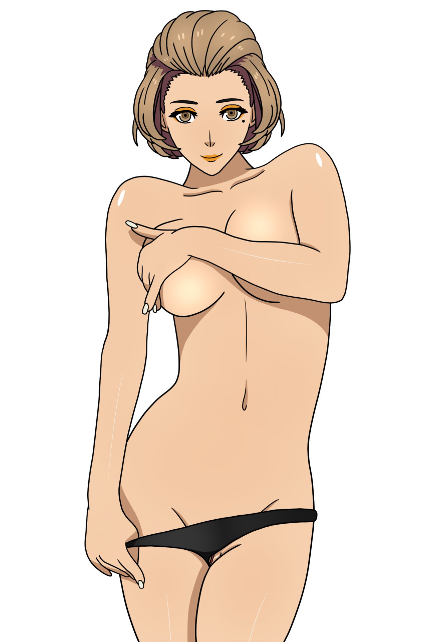 1girls beauty_mark black_panties brown_eyes brown_hair commission covering covering_breasts eyeshadow fire_emblem fire_emblem:_three_houses large_breasts lipstick looking_at_viewer makeup manuela_casagranda medium_hair mole mole_under_eye nintendo orange_eyeshadow orange_lipstick panties panties_only rjamal smile solo solo_female teasing topless undressing