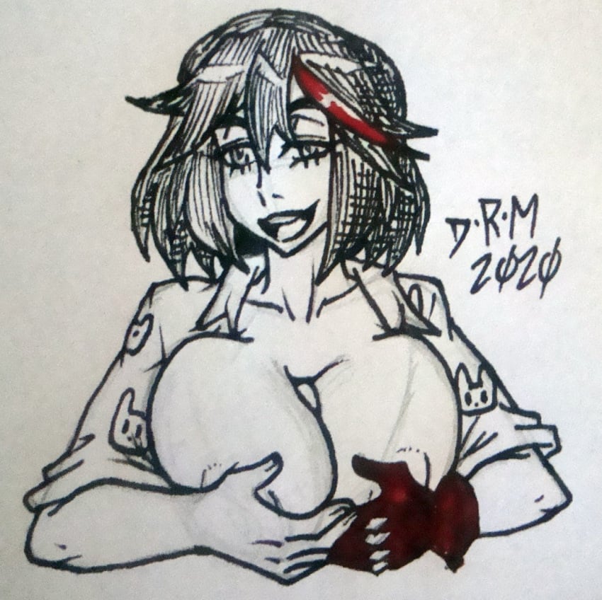 1boy 1girls alternate_breast_size bad_censor big_breasts breasts covering doctordrmnsfw female greyscale handdrawn huge_breasts kill_la_kill large_breasts male matoi_ryuuko paizuri penis smile straight