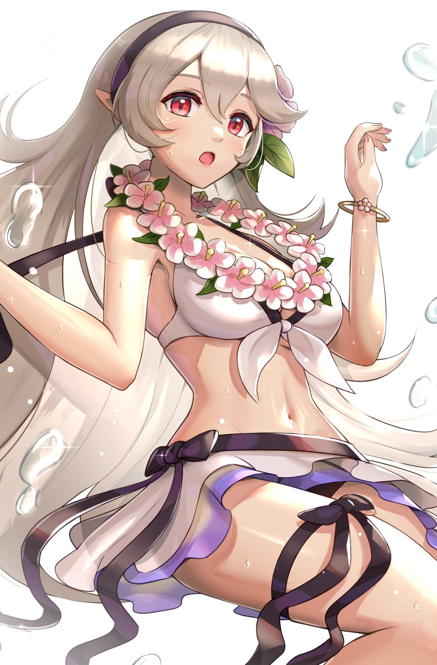 1girls absurdres alternate_costume bikini bikini_skirt breasts corrin_(fire_emblem) corrin_(fire_emblem)_(female) corrin_(summer)_(fire_emblem)_(female) female fire_emblem fire_emblem_fates fire_emblem_heroes flower gonzarez hair_between_eyes hair_ornament hairband highres lei long_hair looking_at_viewer manakete medium_breasts nintendo official_alternate_costume open_mouth pointy_ears red_eyes silver_hair simple_background smile solo solo_female swimsuit white_bikini white_hair white_swimsuit