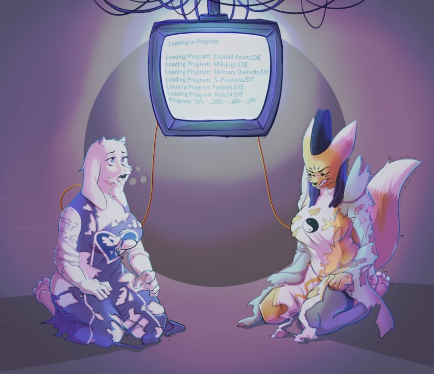 breast_expansion breath computer_screen corruption digimon furry looking_at_viewer mind_control resisting taomon tech_control tomatson tongue_out toriel torn_clothes undertale