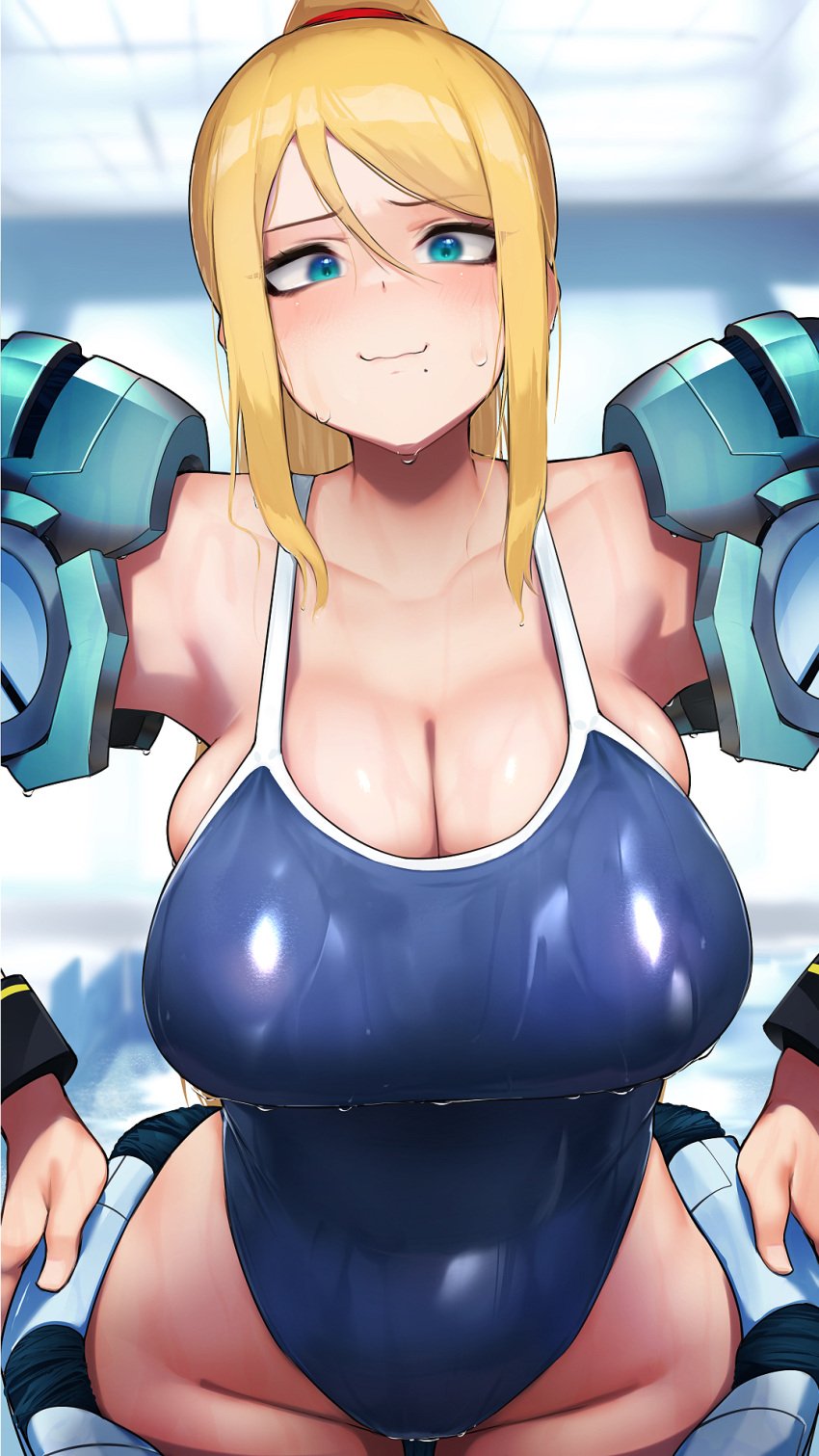 1girls 9:16 bangs big_breasts blonde_hair blue_eyes blurry_background blush breasts cleavage closed_mouth competition_swimsuit curvaceous curvy curvy_figure eye_contact eyebrows_visible_through_hair eyelashes female hair_between_eyes hi_res high_resolution highleg highleg_swimsuit highres hizake hourglass_figure huge_breasts kashu_(hizake) large_breasts long_hair looking_at_viewer metroid mole mole_under_mouth nintendo one-piece_swimsuit ponytail samus_aran shiny shiny_clothes shiny_hair shiny_skin sideboob sidelocks smile solo standing sweat swimsuit thick_thighs thighs thin_waist tied_hair wet wide_hips