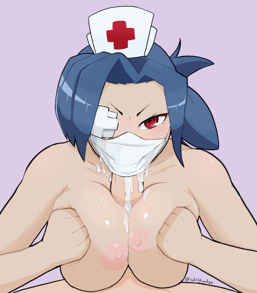 1girls blowjob blue_hair cum cum_in_mouth cum_on_breasts eyepatch face_mask face_mask_fuck facemask fellatio fellatio_under_mask half-closed_eyes looking_at_viewer mask mouth_mask nipples nurse_cap paizuri penis pov pressing_breasts_together red_eyes simple_background skullgirls soft_hanten titjob valentine_(skullgirls)