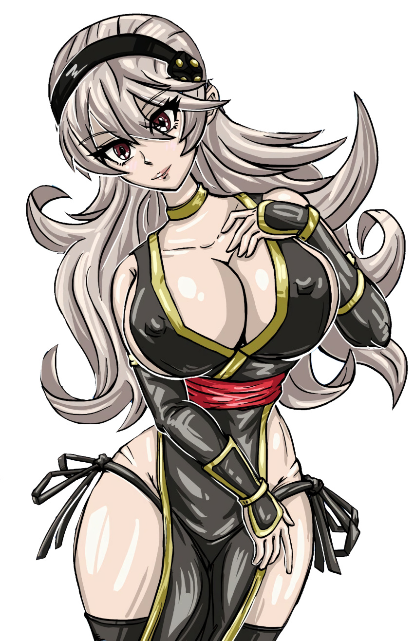 breasts cleavage clothed corrin_(fire_emblem) corrin_(fire_emblem)_(female) cosplay crossover dead_or_alive erect_nipples female female_only fire_emblem fire_emblem_fates fire_emblem_heroes highres huge_breasts kasumi_(doa) kasumi_(doa)_(cosplay) kunoichi large_breasts long_hair looking_at_viewer milf nintendo no_bra no_panties platinum_blonde_hair red_eyes redfoil revealing_clothes smile solo tagme white_background