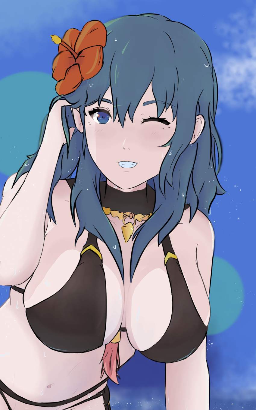 1girls ;d adjusting_hair alternate_costume bikini black_bikini black_swimsuit blue_eyes byleth_(fire_emblem) byleth_(fire_emblem)_(female) byleth_(summer)_(fire_emblem)_(female) fire_emblem fire_emblem:_three_houses fire_emblem_heroes flower grin hair_flower in2naps large_breasts leaning_forward looking_at_viewer medium_hair nintendo one_eye_closed red_flower smile solo solo_female swimsuit teal_hair wink