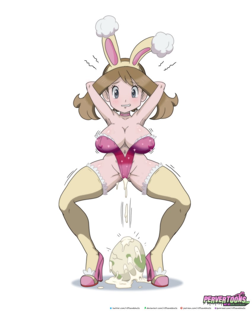 1girls alternate_breast_size armpits arms_up big_breasts blue_eyes blush breasts brown_hair bunny_ears bunnysuit egg egg_laying female high_heels implied_interspecies large_breasts leotard looking_down may_(pokemon) medium_hair nintendo pervertoons pokemon pokemon_masters pokemon_rse riffsandskulls spring_may_(pokemon_masters) thick_thighs thighhighs thighs white_background