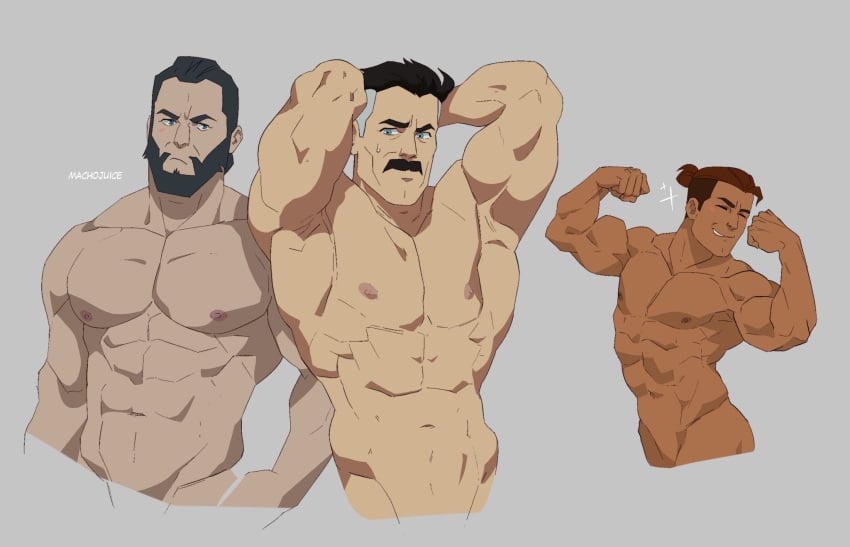 3boys abs artist_name bara beard black_hair brown_hair dark-skinned_male dilf erect_nipples facial_hair human invincible machojuice male male_nipples male_only manly mature_male muscles muscular_male mustache no_visible_genitalia nude_male omni-man out_of_frame_censoring pecs pointless_censoring posing rex_splode smooth_skinned_male the_immortal two_tone_hair white_hair