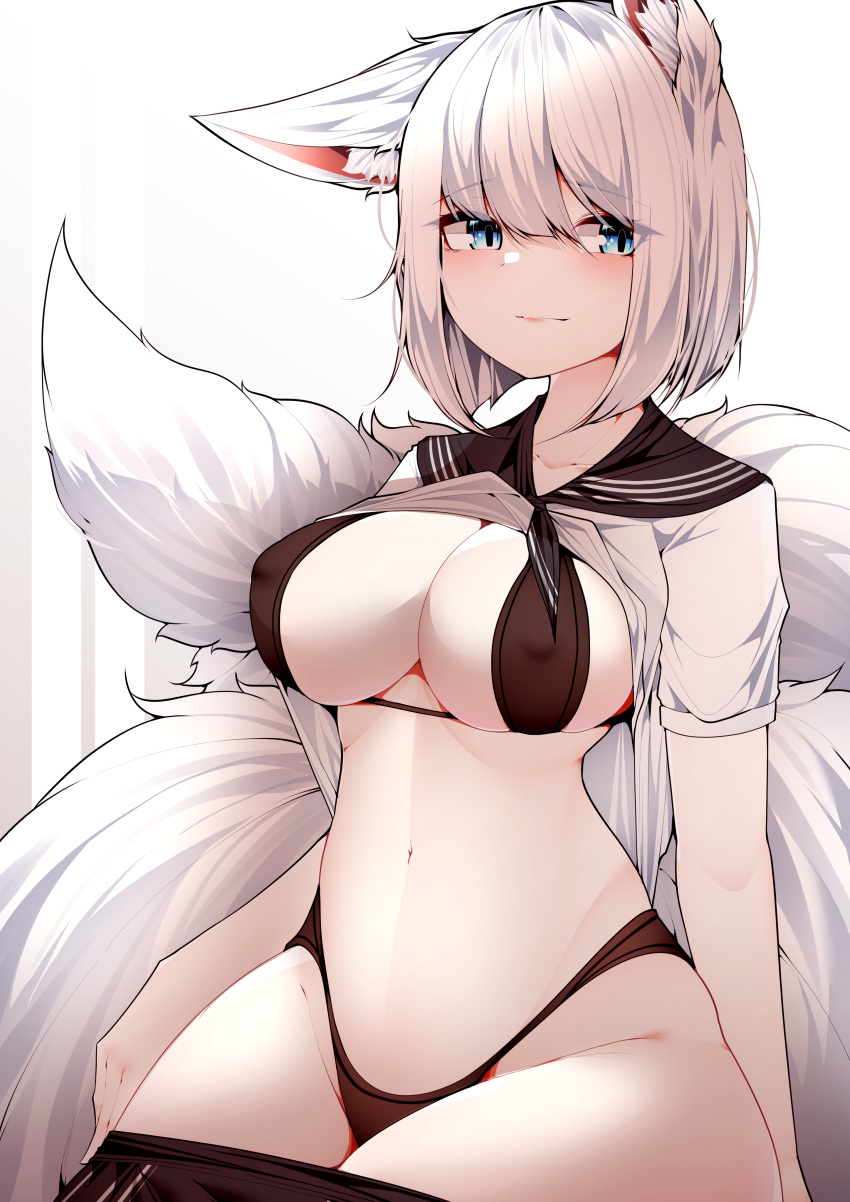 absurdres animal_ear_fluff animal_ears azur_lane bikini black_bikini black_sailor_collar black_skirt blue_eyes breasts cleavage closed_mouth clothes_lift clothes_pull eyebrows_visible_through_hair female female fox_ears fox_tail highres kaga_(azur_lane) kitsune large_breasts looking_at_viewer multiple_tails navel sailor_collar samip school_uniform serafuku shirt shirt_lift short_hair short_sleeves sitting skirt skirt_pull swimsuit tail thighs white_shirt