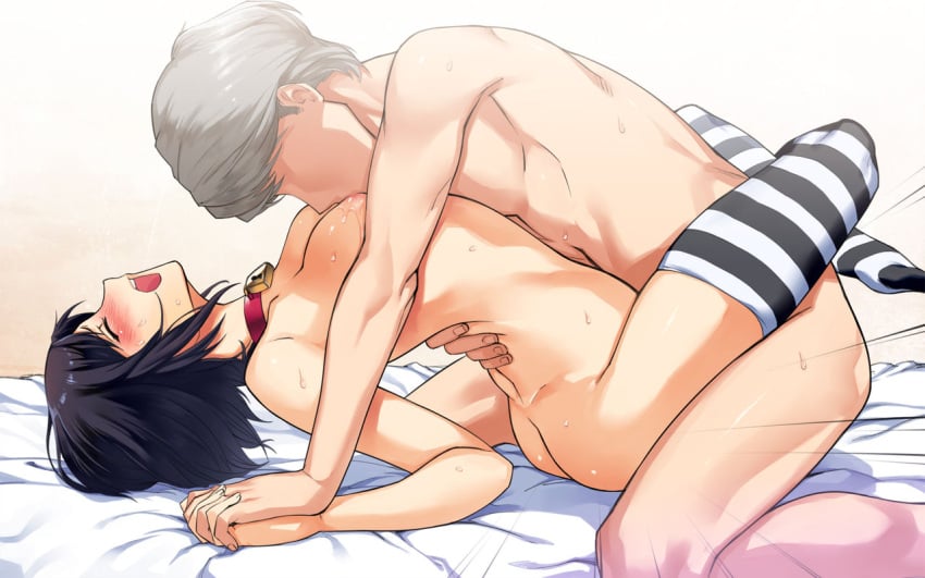 1boy another_story arched_back ass bed bed_sheet black_hair blue_eyes blush boy_on_top breast_sucking breasts choker cleavage closed_eyes feet_up female grey_hair hand_on_another's_back hands_clasped holding_hands hug interlocked_fingers leg_lock lock long_legs lying marie_(persona_4) medium_breasts moaning motion_lines narukami_yu nude on_back orgasm own_hands_together persona persona_4 persona_4_the_golden saliva sex short_hair sitting source_request straight striped striped_legwear sweat thighhighs thighs vaginal_penetration wariza