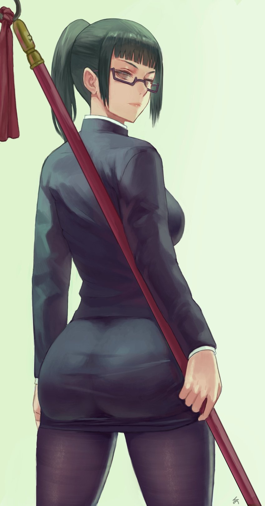 1girls ass ass_in_dress big_ass breasts cutesexyrobutts_(style) dat_ass female female_focus female_only formal fully_clothed glasses green_hair jujutsu_kaisen large_ass office_clothing office_lady pantyhose school_uniform thick_thighs weapon zefra_bleu zenin_maki