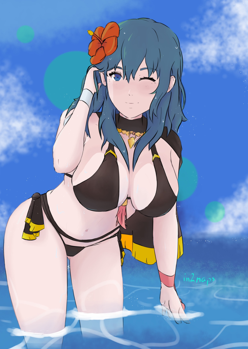 1girls ;) adjusting_hair alternate_costume bikini black_bikini black_swimsuit blue_eyes byleth_(fire_emblem) byleth_(fire_emblem)_(female) byleth_(summer)_(fire_emblem)_(female) fire_emblem fire_emblem:_three_houses fire_emblem_heroes flower hair_flower in2naps large_breasts leaning_forward looking_at_viewer medium_hair nintendo one_eye_closed partially_submerged red_flower smile solo solo_female swimsuit teal_hair wide_hips wink