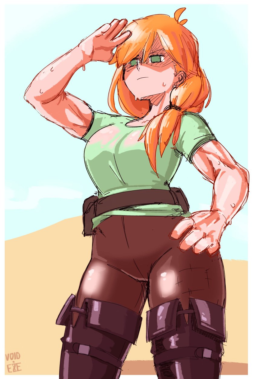 alex_(minecraft) blank_expression boots breasts breasts_visible_through_clothing clothed clothing ginger ginger_hair green_shirt hand_on_hip minecraft orange_hair pants see_through_clothing shirt sweat sweaty void_dot_exe wet_shirt