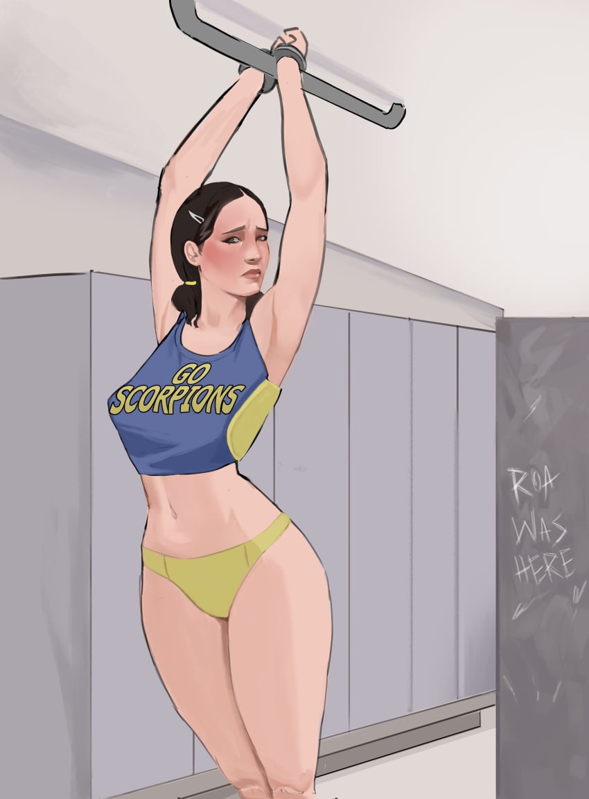 1girls absurd_res armpits arms_above_head arms_up bandage bondage brown_eyes brown_hair cheerleader crop_top detailed_background female female_only fit handcuffed handcuffs imminent_rape locker_room navel nervous panties roaking solo standing tied_up