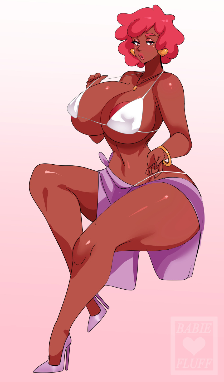 1girls babie_fluff big_breasts bikini bikini_pull bimbo bimbo_body bimbo_lips crystal_(inoiiying) dark-skinned_female dark_skin earrings female female_focus heart_earrings high_heels looking_at_viewer original_character seductive seductive_look solo solo_female stiletto_heels string_bikini swimsuit thick_thighs very_high_heels wide_hips