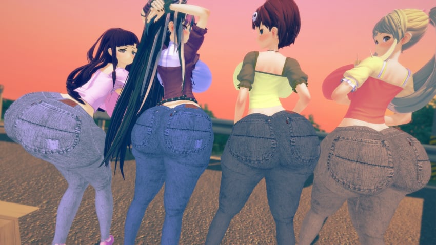 3d 4girls alternate_breast_size ass bottom_heavy breasts clothed danganronpa female female_only hair_ornament huge_ass huge_breasts human jeans koizumi_mahiru long_hair mioda_ibuki multiple_girls packed_mushrooms ponytail saionji_hiyoko short_hair smooth_skin sunset thick_thighs tsumiki_mikan