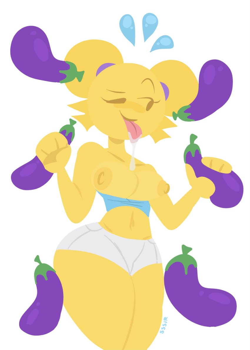 after_fellatio anthro breast_squeeze breasts curvaceous curvy double_handjob eggplant emoji emoji_(race) emoji_thot emojifam_(sssir8) female handjob mob_face no_outlines sexually_suggestive short_hair shorts slobbyslapper sssir sssir8 tight_clothing tights twintails yellow_body yellow_hair