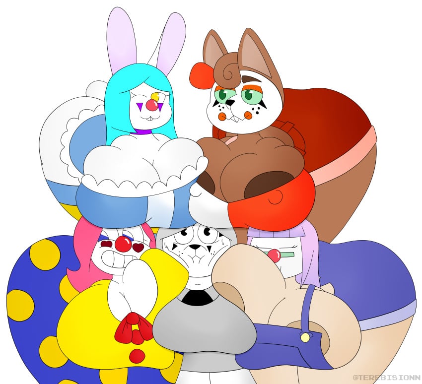 5girls anthro areola_slip areolae ass between_breasts black_eyes blue_eyes blue_hair breasts brown_fur brown_hair bunny cleavage cleavage_cutout clown_girl clown_makeup dress female female_focus female_only furry gray_hair green_eyes grey_hair heart hips lagomorph lagomorph_humanoid large_ass large_breasts long_hair nipple_bulge overalls pink_hair rabbit short_dress squished_between_breasts squished_breasts stockings sweatdrop terebision thick_thighs thighs white_fur wide_hips yellow_eyes