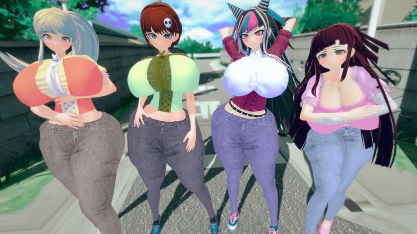 3d 3d_(artwork) 4girls ass bottom_heavy breasts cleavage clouds danganronpa danganronpa_2:_goodbye_despair day female female_focus female_only hair_ornament huge_ass huge_breasts jeans koikatsu koizumi_mahiru long_hair mioda_ibuki packed_mushrooms ponytail saionji_hiyoko short_hair straight_hair thick_thighs tsumiki_mikan