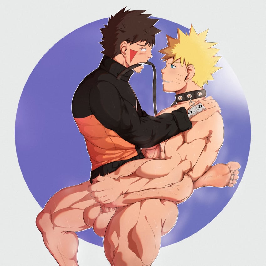 2boys anal anal_sex black_eyes blue_eyes boner bottomless brown_hair clenched_teeth clothed_sex clothing collar cowgirl_position erection gay half-dressed insaneeighteen inuzuka_kiba jacket label leash leg_lock looking_at_partner male/male male_only male_penetrated male_penetrating muscular muscular_male naked naruto naruto_(series) naruto_shippuden nude penetration penis rolling_eyes short_hair sitting sitting_on_lap sitting_on_person smile straddling sweat testicles uzumaki_naruto yaoi yellow_hair