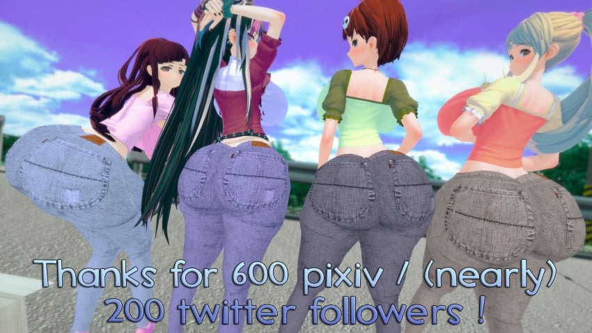 3d 4girls alternate_breast_size ass bottom_heavy breasts clothed clouds danganronpa day female female_only hair_ornament huge_ass huge_breasts human jeans koizumi_mahiru long_hair mioda_ibuki multiple_girls packed_mushrooms ponytail saionji_hiyoko short_hair straight_hair thick_thighs tsumiki_mikan