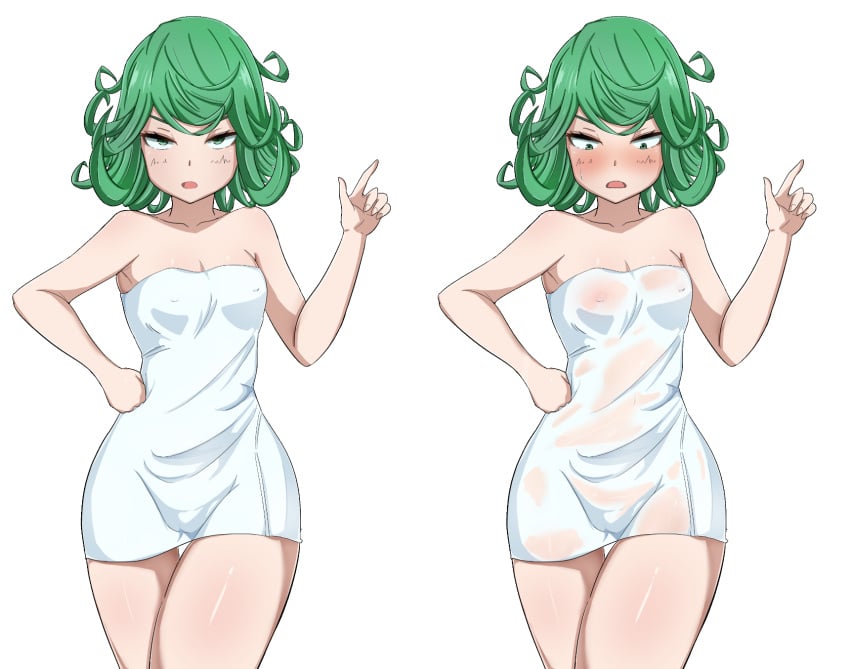 1girls blush eye_contact female green_eyes green_hair kuchiparubi looking_at_viewer nipples one-punch_man short_hair solo standing tatsumaki thick_thighs towel wet_towel white_background