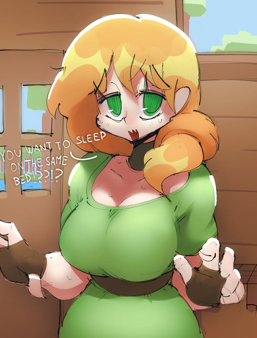 alex_(minecraft) choker door dress gloves green_eyes kaziedell minecraft nervous orange_hair ponytail sweat sweatdrop text tree trees water window