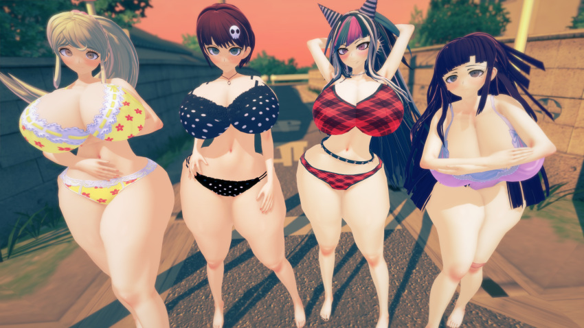 3d 4girls alternate_breast_size ass bottom_heavy bra breasts danganronpa female female_only hair_ornament huge_ass huge_breasts human koizumi_mahiru long_hair mioda_ibuki multiple_girls packed_mushrooms panties ponytail saionji_hiyoko short_hair straight_hair sunset thick_thighs tsumiki_mikan underwear