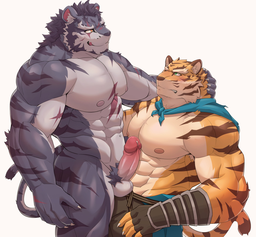 2boys :q abs absurdres animal_ears bara blue_cape blush cape completely_nude erection forked_eyebrows furry furry_male furry_with_furry grey_fur highres large_pectorals male_focus male_pubic_hair mature_male multiple_boys muscular muscular_male navel navel_hair nipples nude orange_fur pang_(sdorica) pectorals penis precum pubic_hair scar scar_on_chest sdorica shirtless short_hair smile stomach tail thick_eyebrows thick_thighs thighs tiger_boy tiger_ears tiger_tail tongue tongue_out uiokv uncensored yao_(sdorica) yaoi