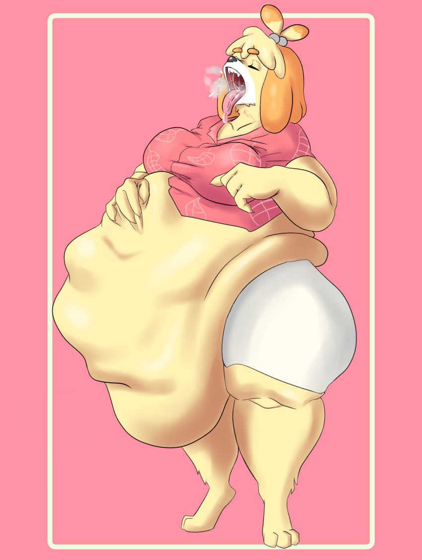 animal_crossing anthro burping canid canine canis closed_eyes domestic_dog fat female hand_on_stomach hi_res isabelle_(animal_crossing) mammal nintendo overweight pretaxrat159 tongue tongue_out video_games vore wide_hips