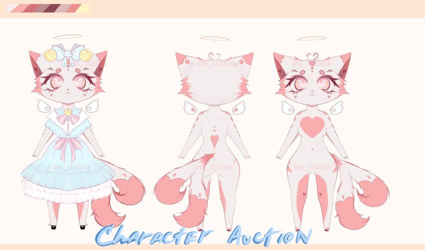 <3 
hi_res adopt adoptables ambiguous_gender anthro aw_natsu bow_tie clothed clothing domestic_cat dress felid feline felis feral fluffy fur halo heart_eye mammal pastel pink_body pink_eyes pink_fur pink_nose simple_background solo white_body white_fur wings