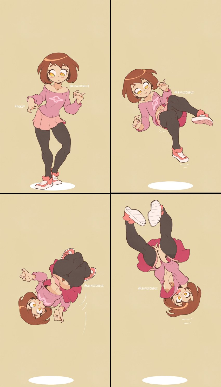 4_panel_comic 5_fingers artist_name breasts clothed clothes clothing creux edit female female_focus female_only girl girl_only levitation my_hero_academia navel nipples ochako_uraraka pantyhose pubic_hair pubic_hair_peek shirt_lift shoes skirt tagme underboob wardrobe_malfunction