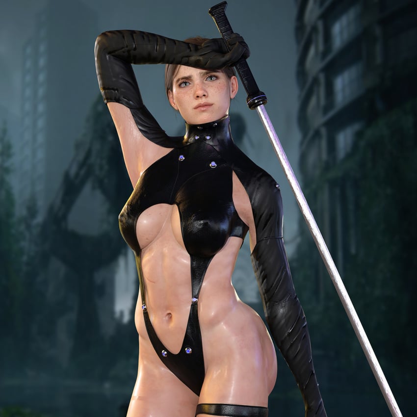 1girls 3d armpit_cutout ass athletic athletic_female big_breasts breasts brown_hair bubble_butt busty cleavage elbow_gloves ellie_(the_last_of_us) ellie_williams female female_focus female_only freckles gantz_suit hourglass_figure katana kunoichi long_hair naughty_dog navel ninja nordfantasy skimpy skimpy_clothes solo solo_female tagme the_last_of_us the_last_of_us_2 toned_female wide_hips