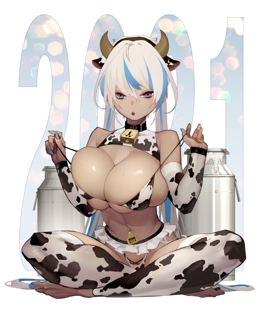 1girls 2021 armwear bare_shoulders barefoot bell bell_collar big_breasts bikini bikini_bottom bikini_top bikini_top_pull black_collar blue_eyes cleavage collar cow_bikini cow_ears cow_girl cow_horns cow_print cow_print_armwear cow_print_legwear cowbell duto frilled_skirt huge_breasts legwear open_mouth original original_character simple_background sitting solo two_tone_hair white_background