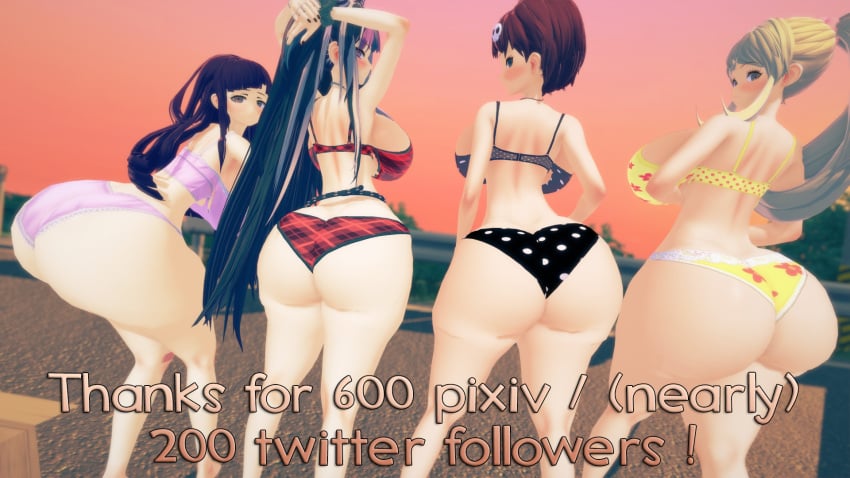 3d 4girls alternate_breast_size ass ass_cleavage bottom_heavy bra breasts butt_crack danganronpa female female_only hair_ornament huge_ass huge_breasts human koizumi_mahiru long_hair mioda_ibuki multiple_girls packed_mushrooms panties ponytail saionji_hiyoko short_hair straight_hair sunset thick_thighs tsumiki_mikan underwear