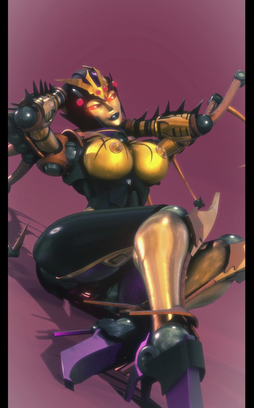 1girls 3d alien alien_girl beast_wars big_breasts black_lips black_lipstick blackarachnia breasts busty erect_nipples female female_only high_heels looking_at_viewer machine nipples orange_nipples red_eyes robot robot_girl solo solo_female thick_legs thick_thighs transformers trawert yellow_breasts