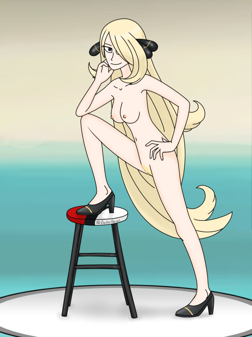 1girls anserhours blonde_hair breasts cynthia_(pokemon) female grey_eyes hair_over_one_eye hand_on_hip heels long_hair naked nintendo nipples nude pale_skin pokemon pokemon_dppt pubic_hair pussy solo stool vagina