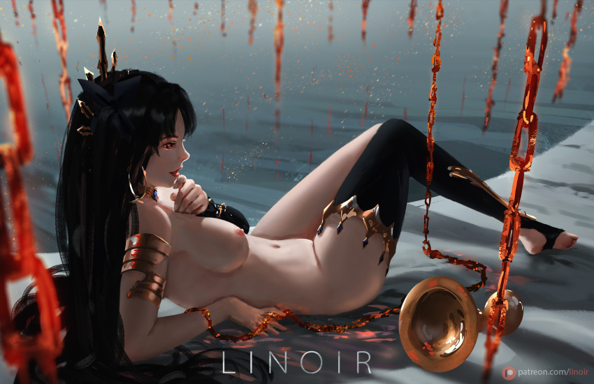 1girls areolae armwear asymmetrical_legwear barefoot black_hair breasts chains exposed_breasts fate/grand_order fate_(series) female_only goblet headwear heelless_footwear highres ishtar_(fate) ishtar_(fate/grand_order) knees_together_feet_apart legwear linoir lips lipstick long_hair lying medium_breasts navel neck_tuft nipples no_bra no_panties nude partially_clothed red_eyes solo_female stockings tagme text thighs