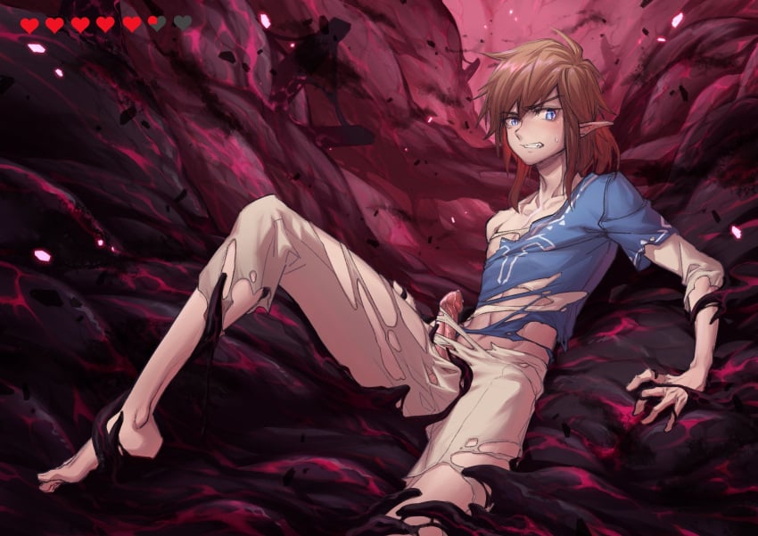 1boy arm_support arsh_(thestarwish) bangs belt blue_eyes blue_shirt breath_of_the_wild brown_belt brown_hair brown_pants clenched_teeth collarbone commentary_request cute_male energy eyebrows_visible_through_hair femboy heart highres knee_up layered_sleeves link link_(breath_of_the_wild) long_sleeves looking_at_viewer lying male_focus navel pants penis pointy_ears ponytail shirt short_over_long_sleeves short_sleeves solo sweatdrop teeth the_legend_of_zelda the_legend_of_zelda:_breath_of_the_wild torn_clothes torn_pants torn_shirt tunic