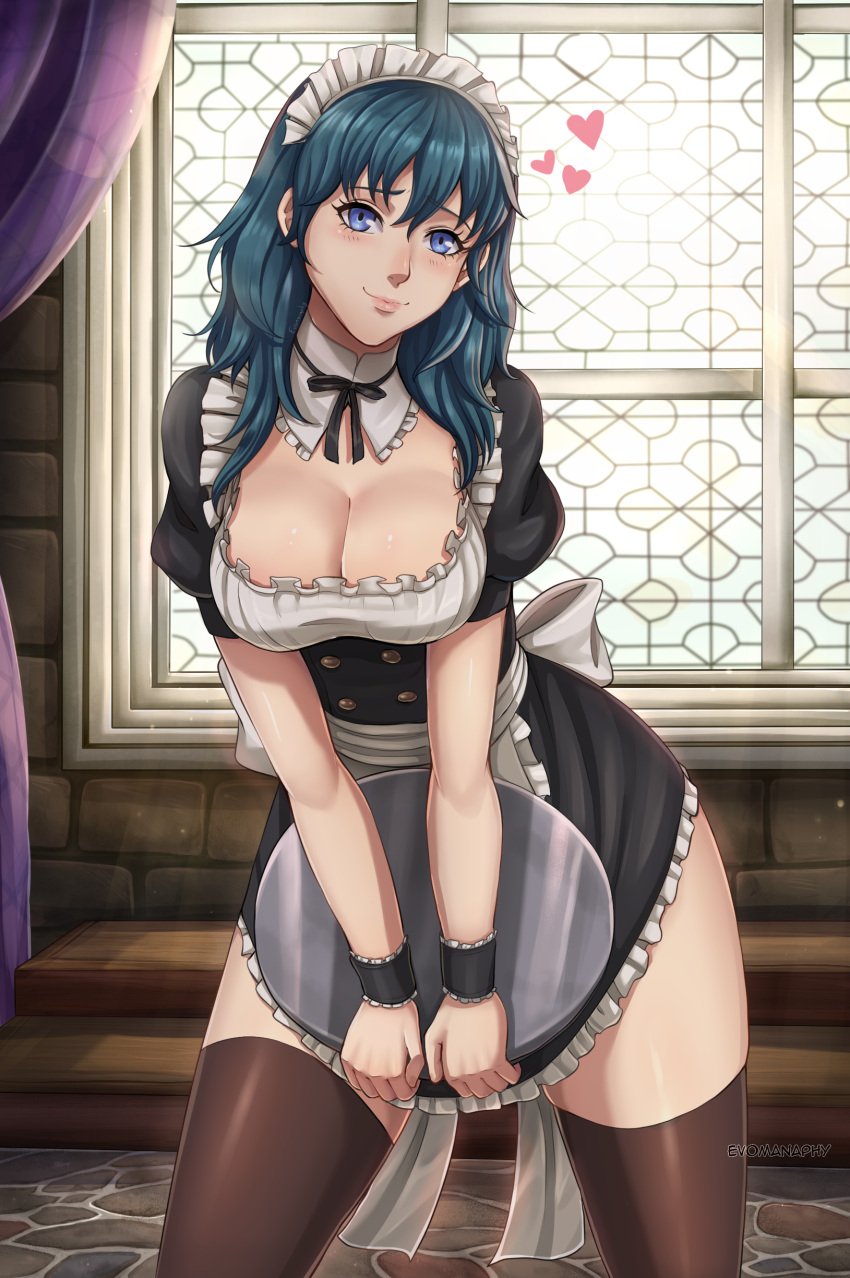 1girls absurdres alternate_costume apron big_breasts blue_eyes blue_hair blush breasts byleth_(fire_emblem) byleth_(fire_emblem)_(female) cleavage enmaided evomanaphy female fire_emblem fire_emblem:_three_houses hair_between_eyes heart highres holding holding_tray hourglass_figure large_breasts looking_at_viewer maid maid_headdress maid_uniform nintendo puffy_short_sleeves puffy_sleeves ribbon short_sleeves skirt smile solo solo_female teal_hair thick_thighs thighhighs tray waist_apron wide_hips window wrist_cuffs