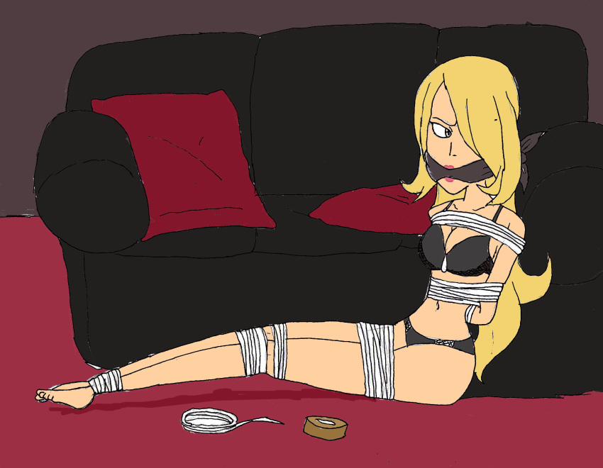 1girls barefoot black_panties black_underwear blonde_hair bondage bound_and_gagged bra captured cleave_gag couch cynthia_(pokemon) damsel_in_distress feet female female_only gag gagged kidnapped lipstick long_hair nintendo panties pokemon pokemon_dppt reddumpster rope_bondage solo solo_female tied_up underwear