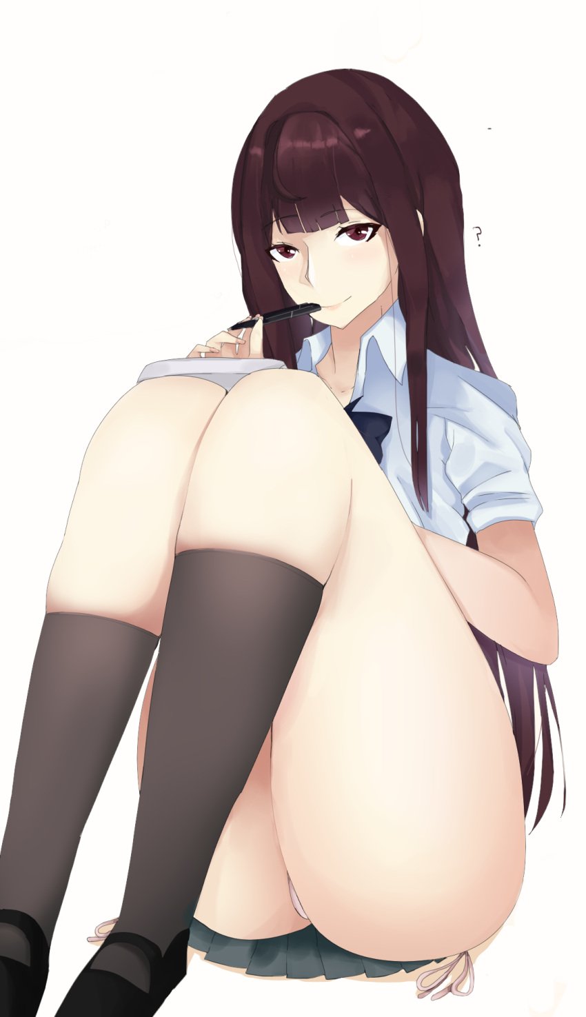 1girls ? ass ass_cheeks ass_focus ass_visible_through_thighs bangs blue_skirt blush bowtie breasts cameltoe cute cute_face dark_hair dark_red_hair eye_contact female female_focus female_only holding_pen huge_ass innocent large_ass long_hair miniskirt nail_polish nails original original_character panties paper pen red_eyes red_hair school_uniform schoolgirl shoes simple_background skirt smile smiling smiling_at_viewer smooth_skin solo solo_female solo_focus student thick_thighs thigh_highs thigh_squish thighhighs thighs underwear very_long_hair white_background you_gonna_get_raped