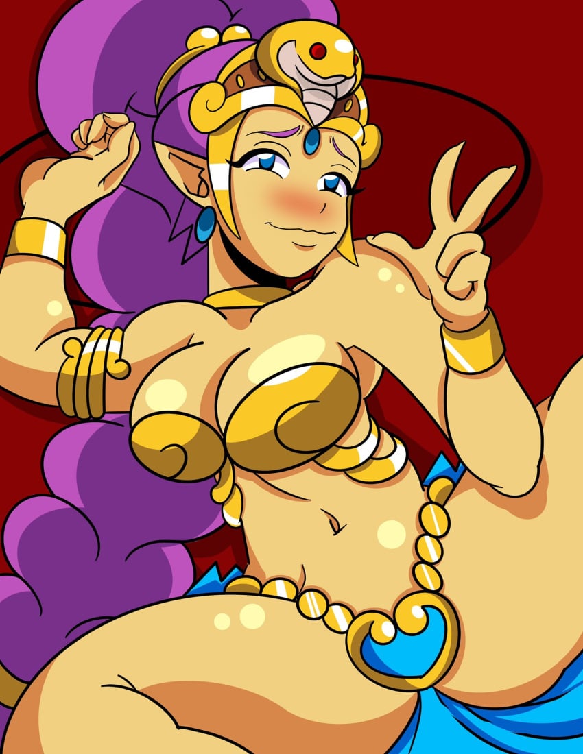 1girls alternate_costume armor blue_eyes breasts brown_skin dancer_outfit dancer_shantae deadlywithpaper ear_piercing female harem_outfit human long_hair metal_bikini pointy_ears purple_hair shantae shantae_(character) smooth_skin solo