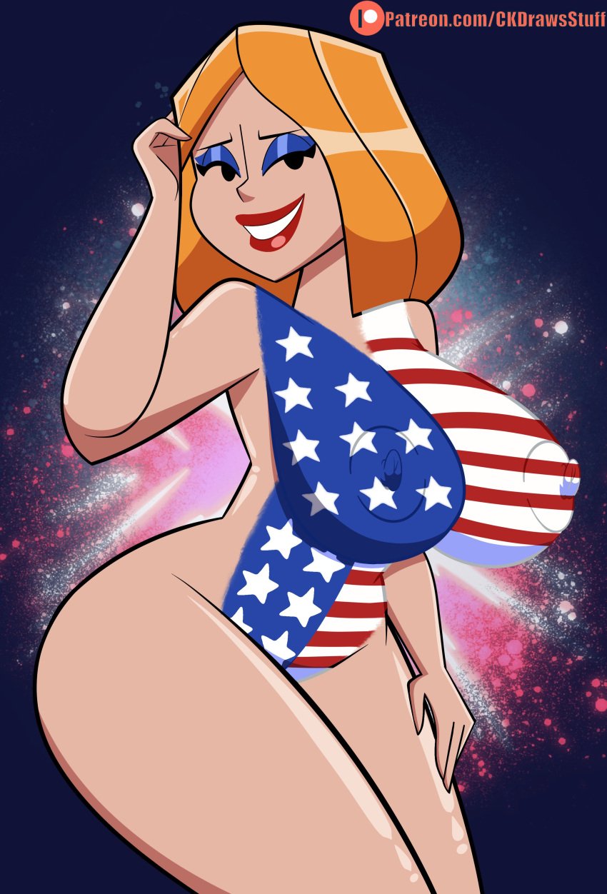 1girls 4th_of_july american_flag big_ass big_breasts big_butt bodypaint cartoon_network codykins123 erect_nipples eyeshadow fireworks huge_breasts johnny_bravo_(series) light-skinned_female light_skin looking_at_viewer madeleine_(johnny_bravo) orange_hair red_lipstick seductive_look smiling smiling_at_viewer wide_hips