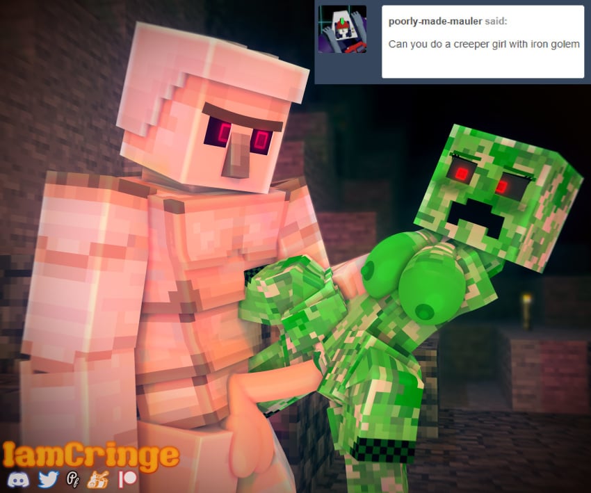 1boy 1boy1girl 1girls 3d breasts commission creeper_(minecraft) creeper_girl female gray_body green_body green_skin grey_skin iamcringe iron_golem_(minecraft) mine-imator minecraft mobtalker_mod monster monster_girl outside red_eyes sex vaginal_penetration