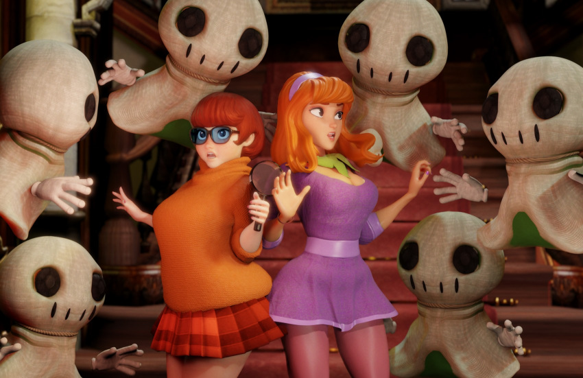 2girls 3d beltskirt big_breasts crisisbeat daphne_blake daphne_blake_(scoob) dress ghost glasses medium_breasts minidress miniskirt penis red_hair scoob! scooby-doo short_dress short_skirt surrounded surrounded_by_penises sweater tagme tights velma_dinkley velma_dinkley_(scoob)