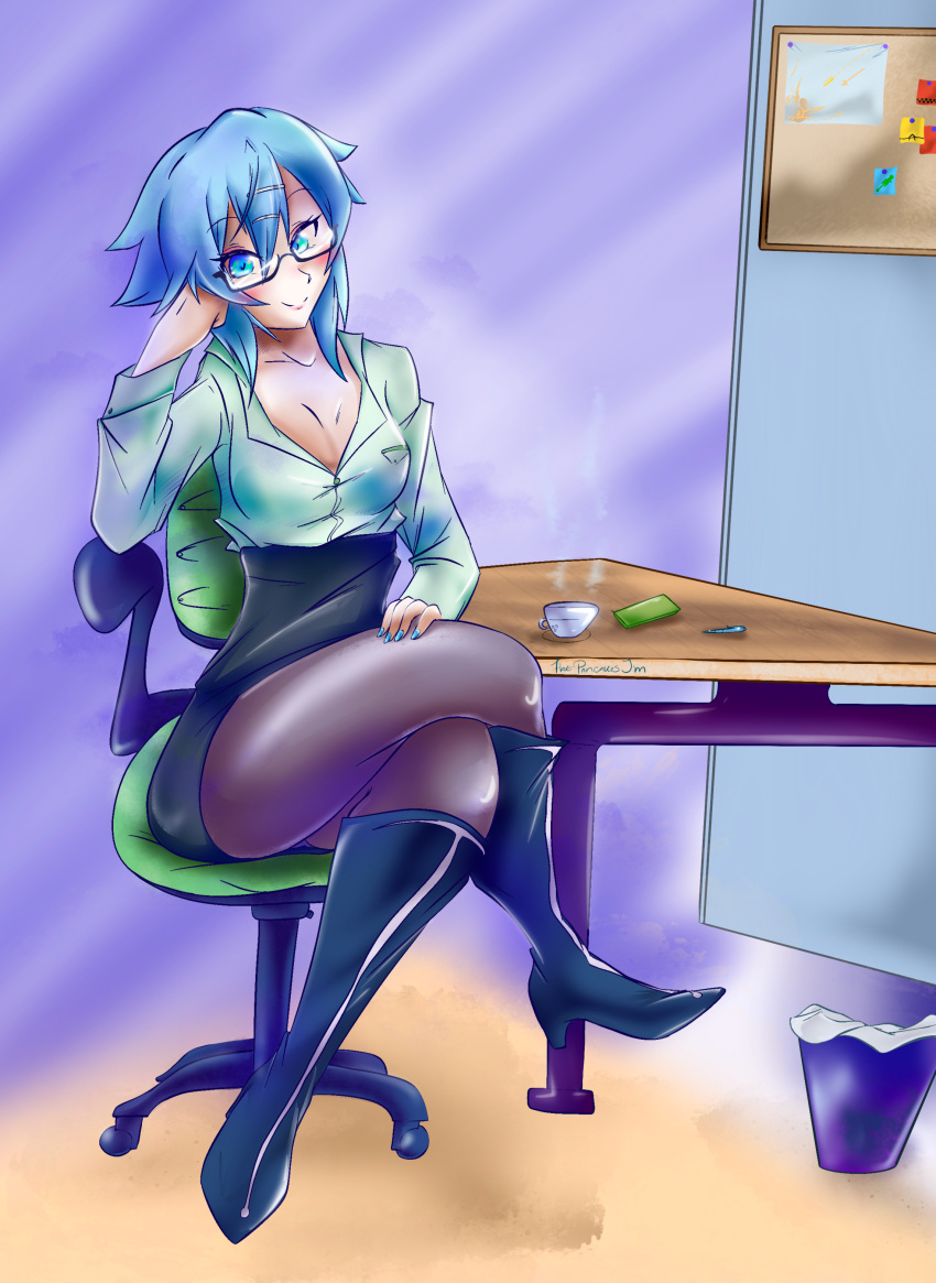 arm_on_leg artist_name asada_shino blue_eyes blue_hair blush boots cleavage coffee_mug flatpancakes fully_clothed glasses hair_between_eyes hairclip high_heel_boots high_heels highres leaning legs_crossed office office_chair office_lady pantyhose pencil_skirt short_hair sinon sitting skirt sword_art_online