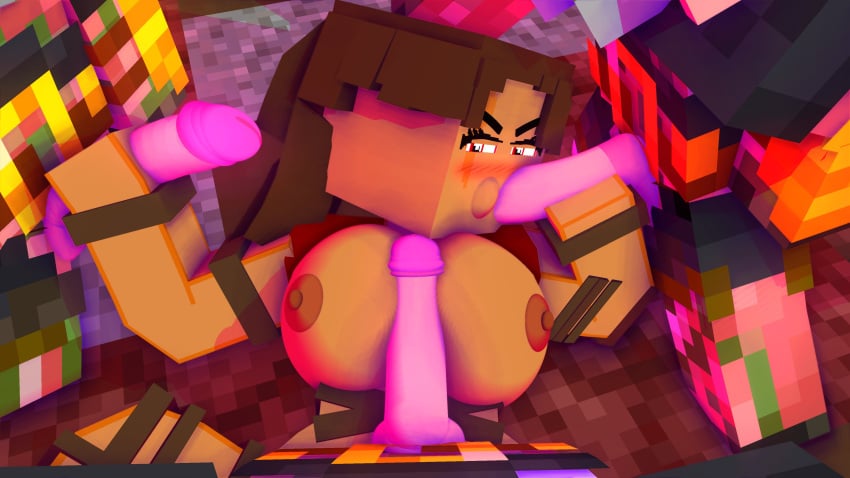 1girls 3boys 3d amazon blowjob breasts brown_hair character commission erection female female_only filogir handjob human looking_at_partner looking_at_viewer mine-imator minecraft mobtalker_mod monster nether paizuri red_eyes tagme titjob zombie_piglin