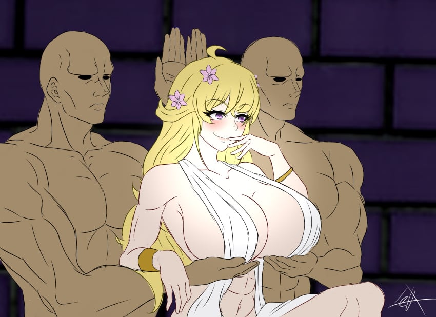 1girls 2boys abs breast_hold breast_support cosplay female female_focus finger_to_face hands_under_breasts holding_breast holding_up_breasts huge_breasts leux_21 male meme muscles muscular muscular_female muscular_male muscular_males no_bra parody pose rwby servants_holding_aphrodite's_breasts_(meme) topless_male voluptuous white_dress yang_xiao_long